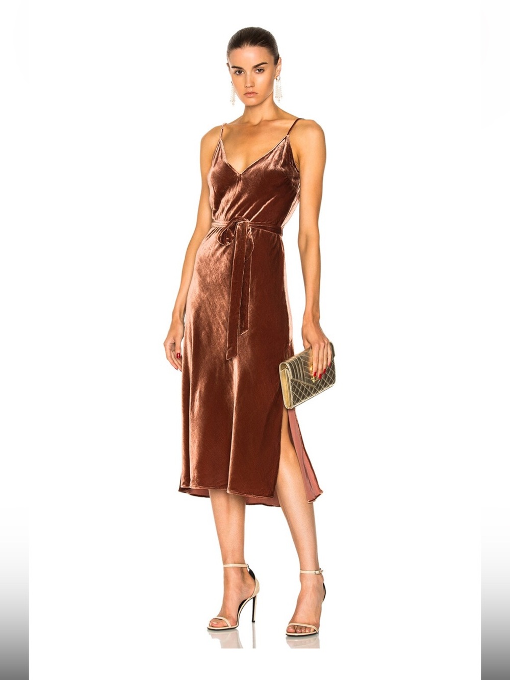 Frame Silk Velour Midi Slip Dress in Spice
